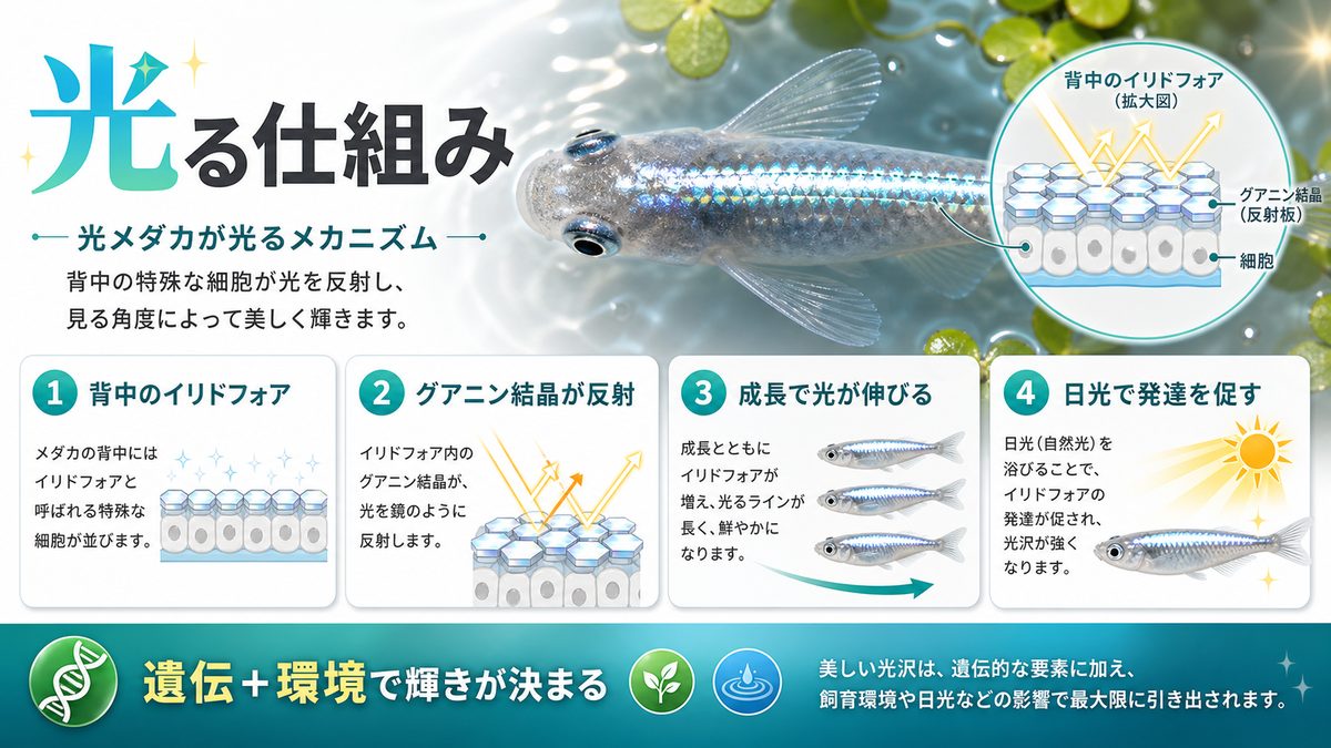 光メダカが光るメカニズムの要点をまとめた淡水魚飼育インフォグラフィック