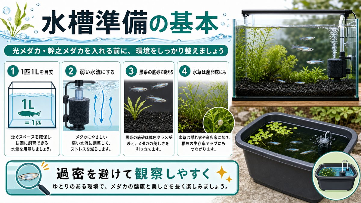 飼育水槽の準備の要点をまとめた淡水魚飼育インフォグラフィック