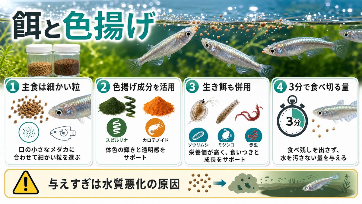餌と色揚げのコツの要点をまとめた淡水魚飼育インフォグラフィック