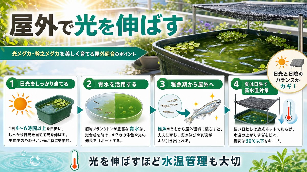 屋外飼育で光を強化する方法の要点をまとめた淡水魚飼育インフォグラフィック