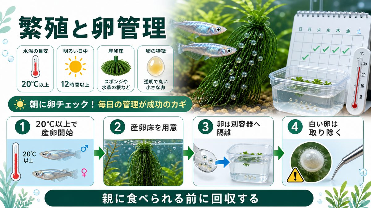 繁殖と卵の管理の要点をまとめた淡水魚飼育インフォグラフィック