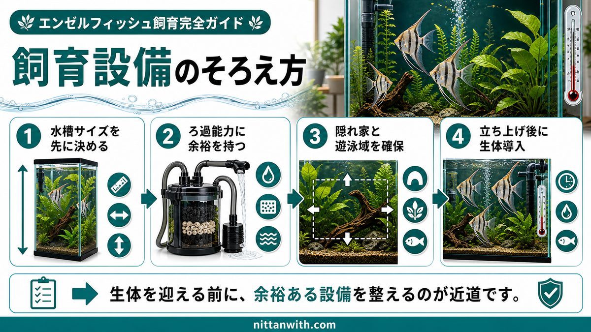 水槽サイズと設置環境の選び方の要点をまとめた淡水魚飼育インフォグラフィック