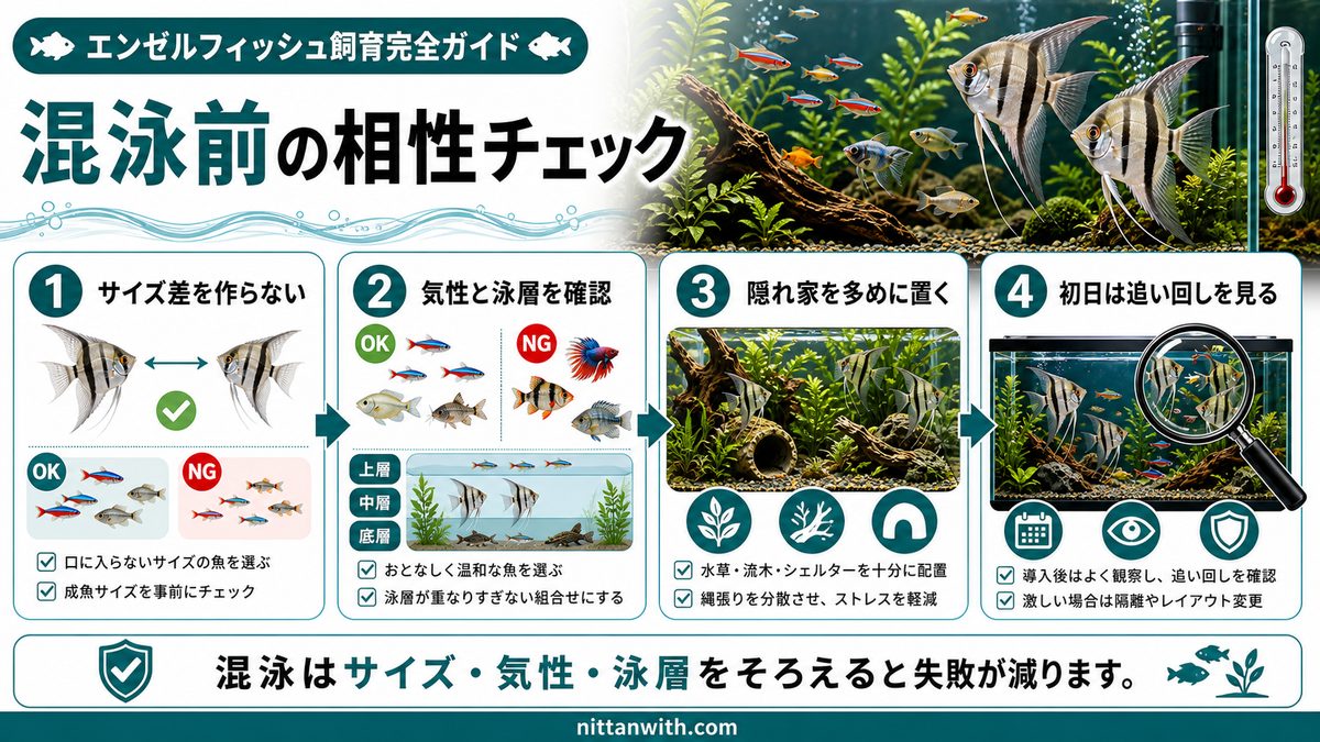 混泳のルールと相性の良い魚・悪い魚の要点をまとめた淡水魚飼育インフォグラフィック