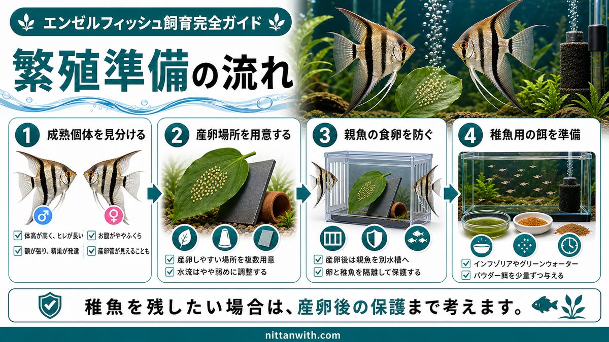 エンゼルフィッシュの繁殖方法の要点をまとめた淡水魚飼育インフォグラフィック