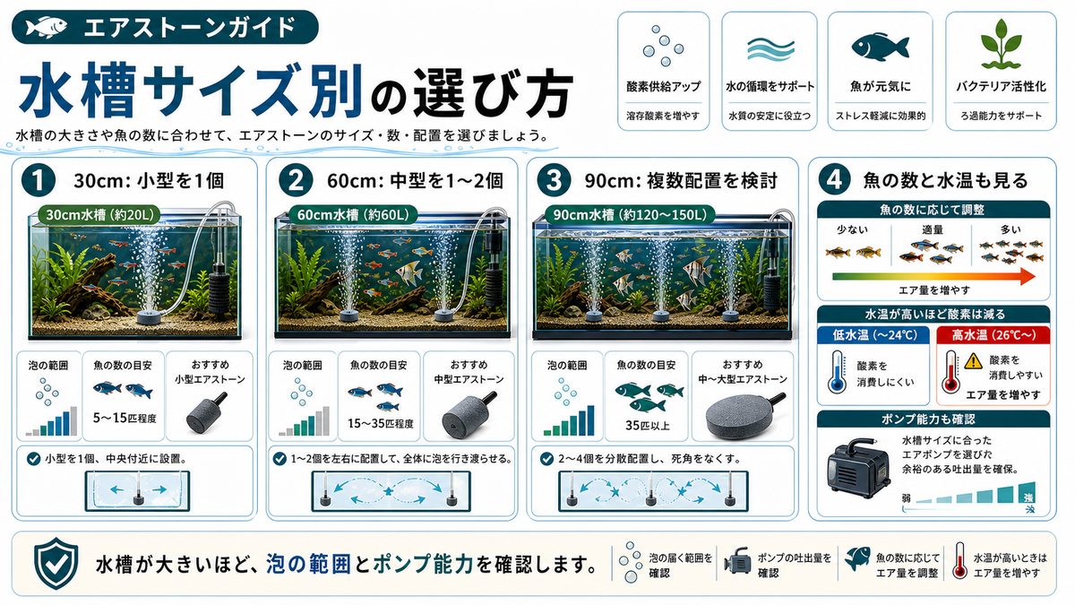 水槽サイズ別の選び方の要点をまとめた淡水魚飼育インフォグラフィック
