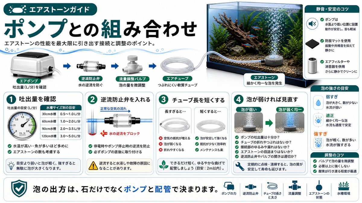 エアポンプとの最適な組み合わせの要点をまとめた淡水魚飼育インフォグラフィック