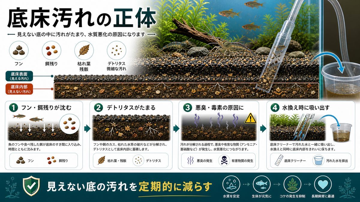 底床クリーナーが必要な理由の要点をまとめた淡水魚飼育インフォグラフィック