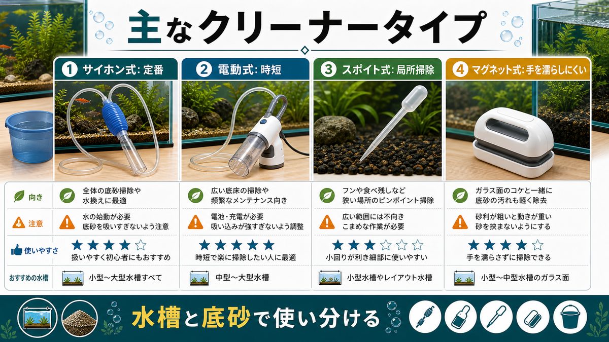 底床クリーナーの種類と特徴の要点をまとめた淡水魚飼育インフォグラフィック