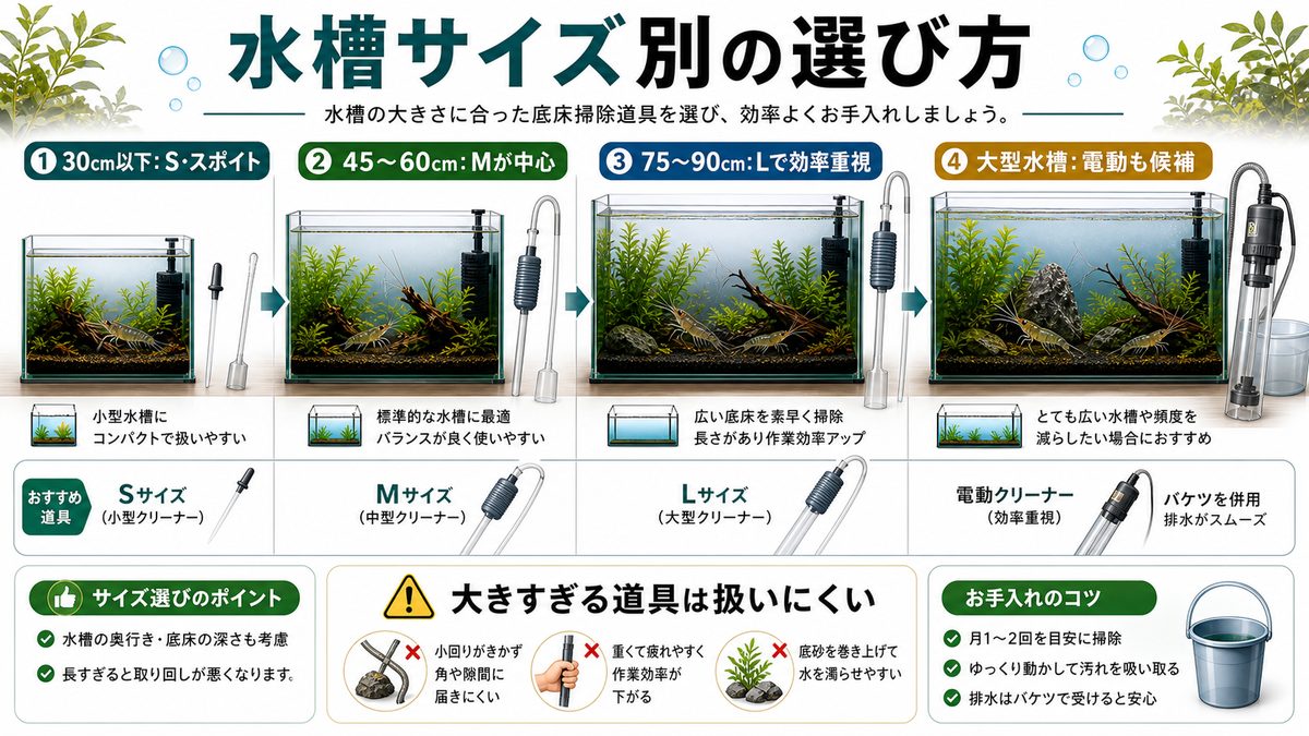 水槽サイズ別の選び方の要点をまとめた淡水魚飼育インフォグラフィック