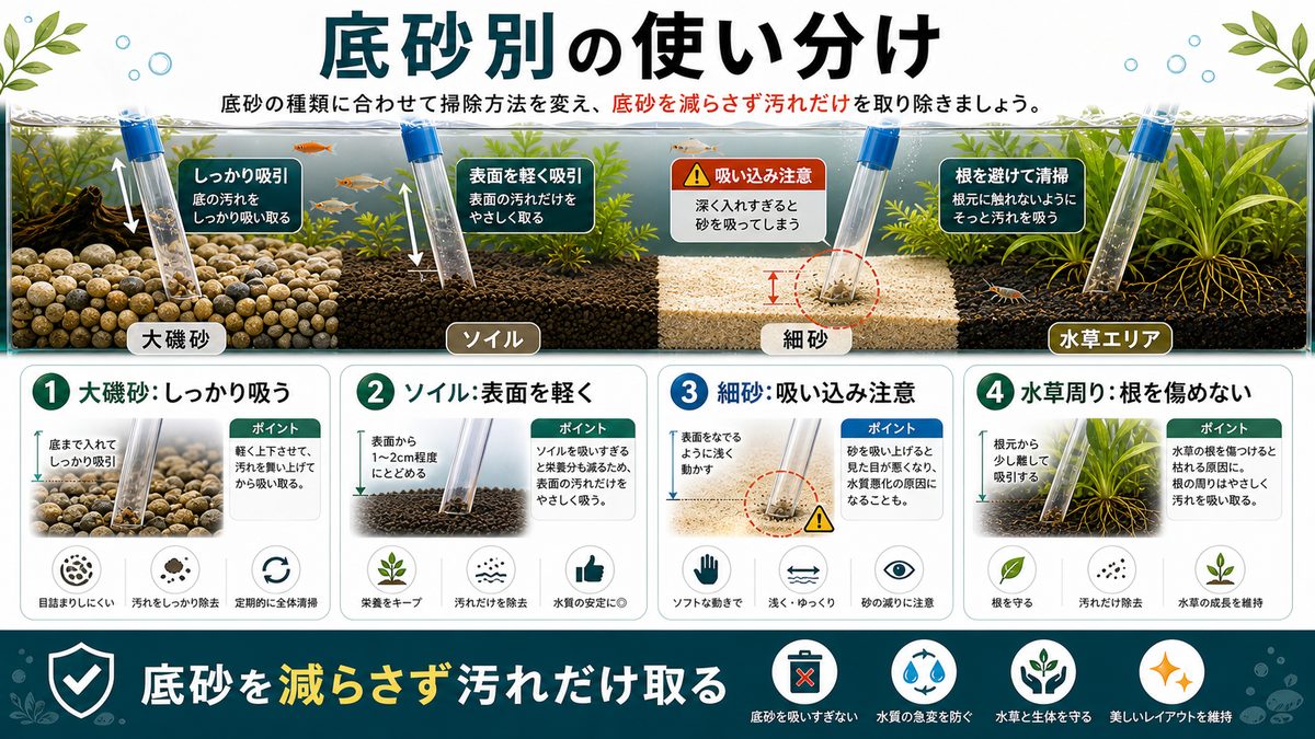 底砂タイプ別の使い分けの要点をまとめた淡水魚飼育インフォグラフィック