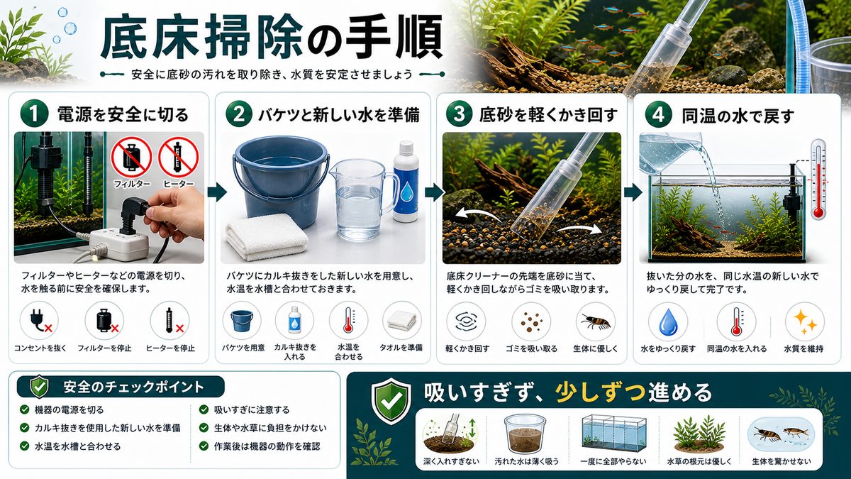 底床クリーナーの使い方の手順の要点をまとめた淡水魚飼育インフォグラフィック
