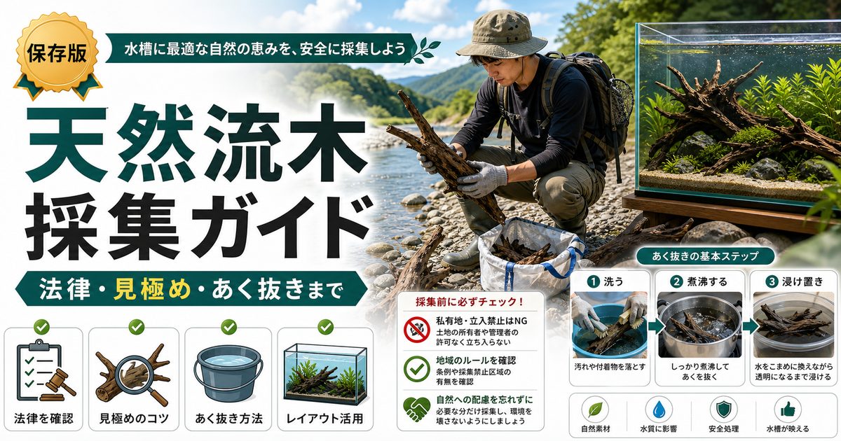 流木の自家採集完全ガイド｜河川敷で天然流木を入手する方法の要点を伝える淡水魚記事アイキャッチ画像