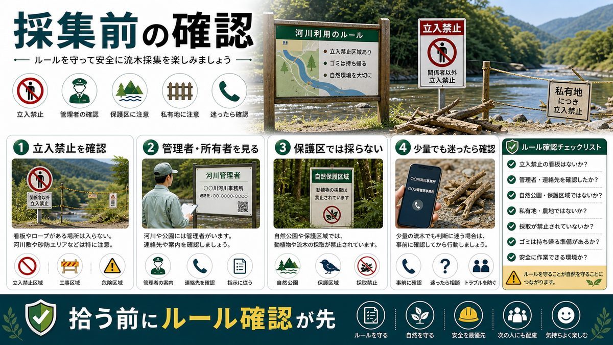 流木採集に関わる法律と注意点の要点をまとめた淡水魚飼育インフォグラフィック