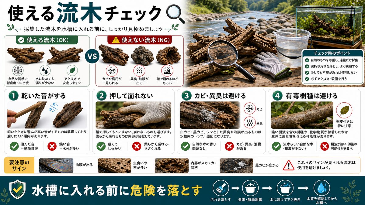 水槽に使える流木の見極め方の要点をまとめた淡水魚飼育インフォグラフィック