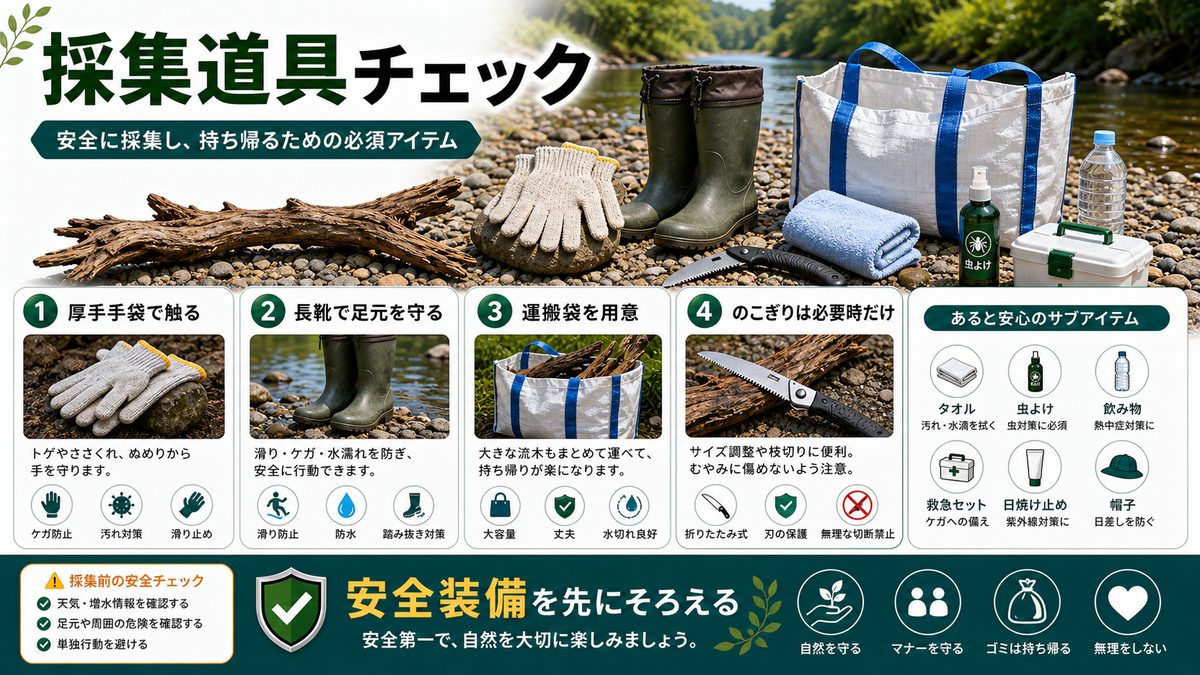 流木採集に必要な道具の要点をまとめた淡水魚飼育インフォグラフィック