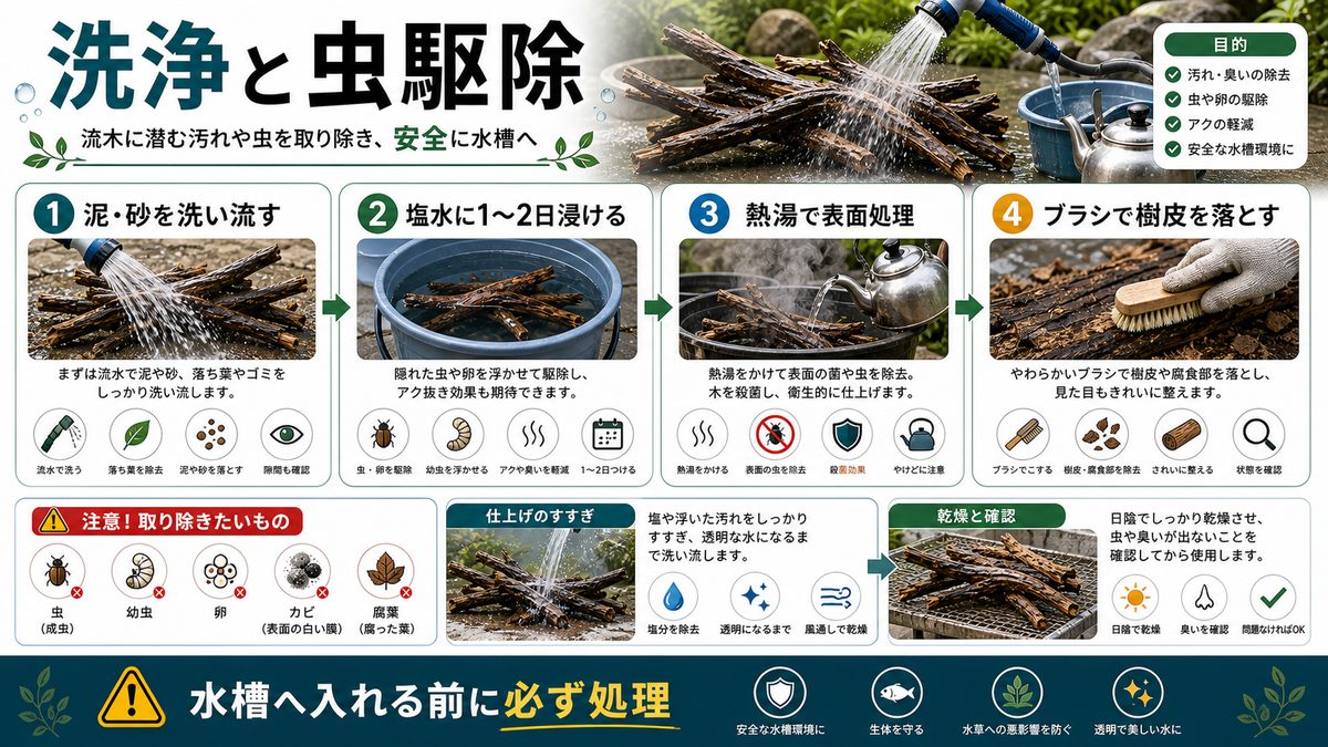 洗浄と虫駆除の要点をまとめた淡水魚飼育インフォグラフィック