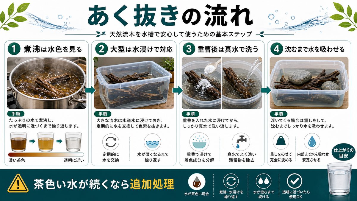 あく抜き処理の方法の要点をまとめた淡水魚飼育インフォグラフィック