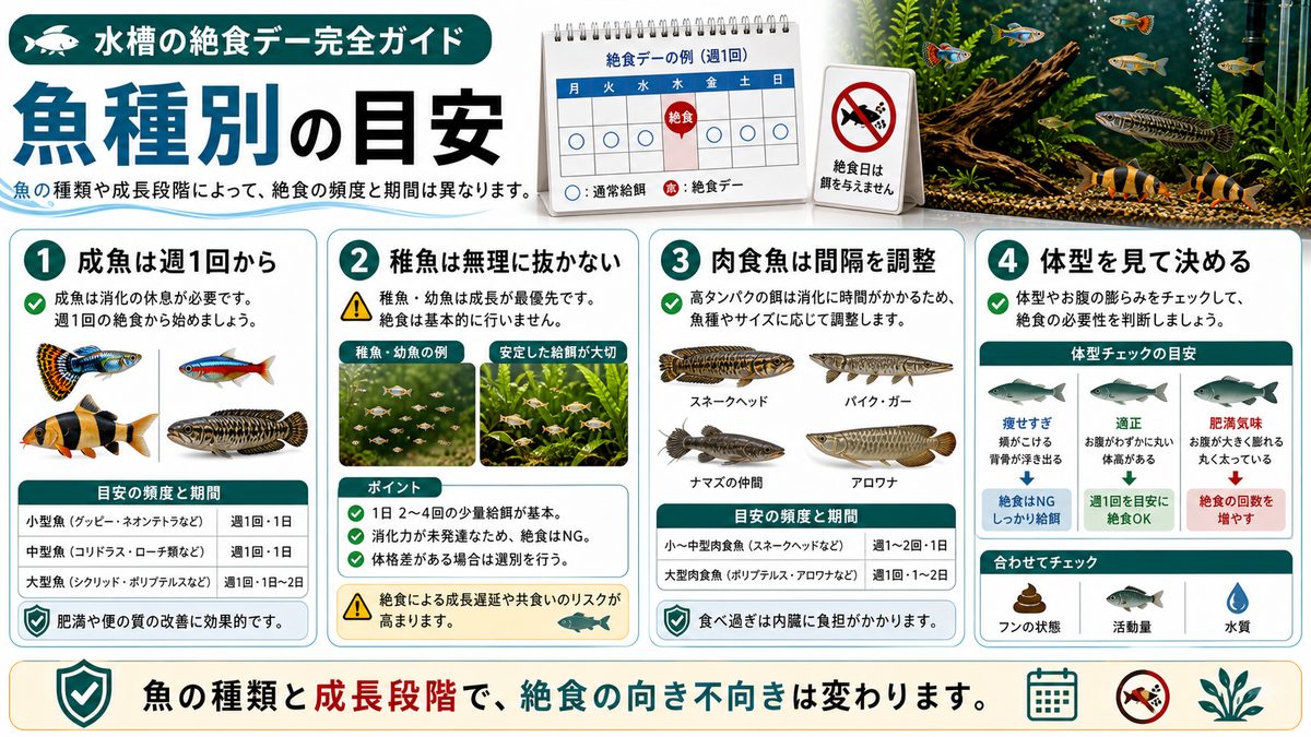 魚種別・絶食の頻度と期間の目安の要点をまとめた淡水魚飼育インフォグラフィック