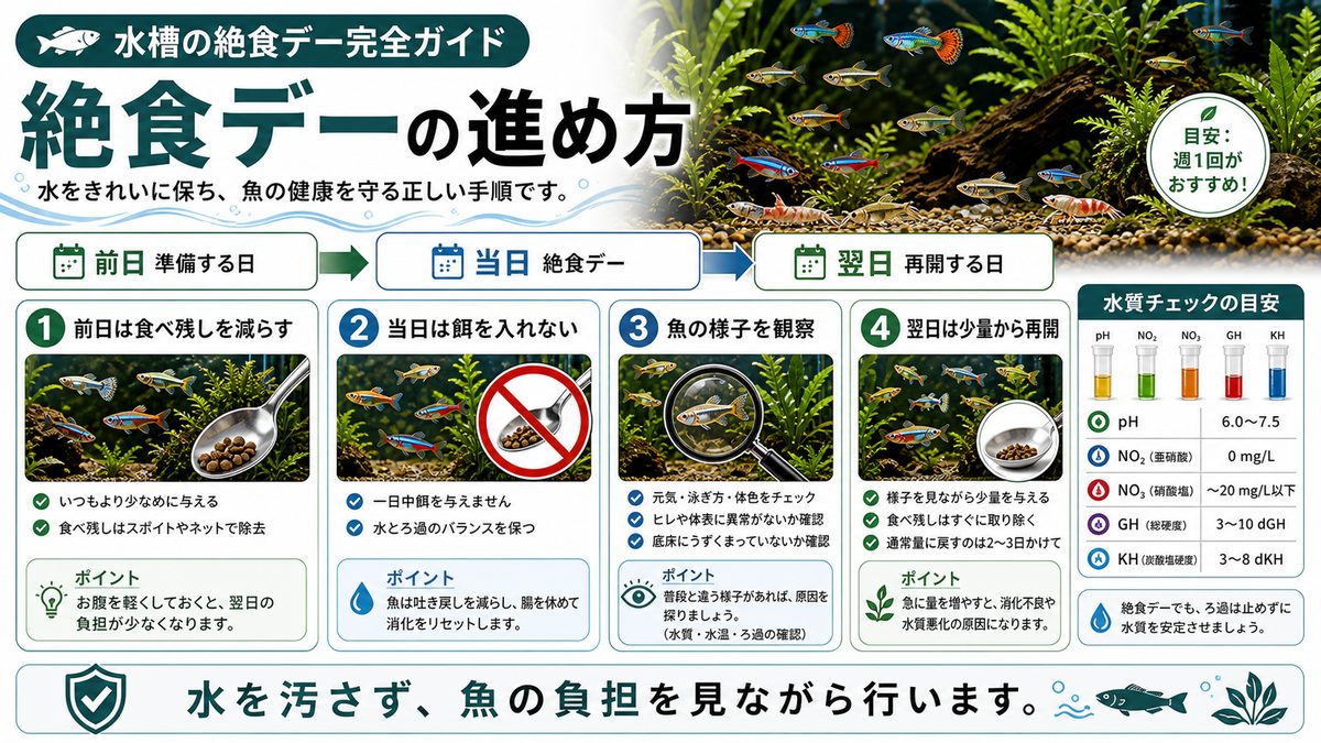 絶食デーの正しい実践ステップの要点をまとめた淡水魚飼育インフォグラフィック