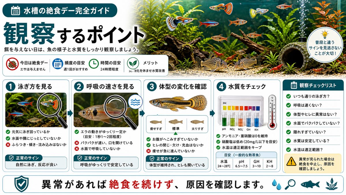 絶食中の魚の様子と観察ポイントの要点をまとめた淡水魚飼育インフォグラフィック