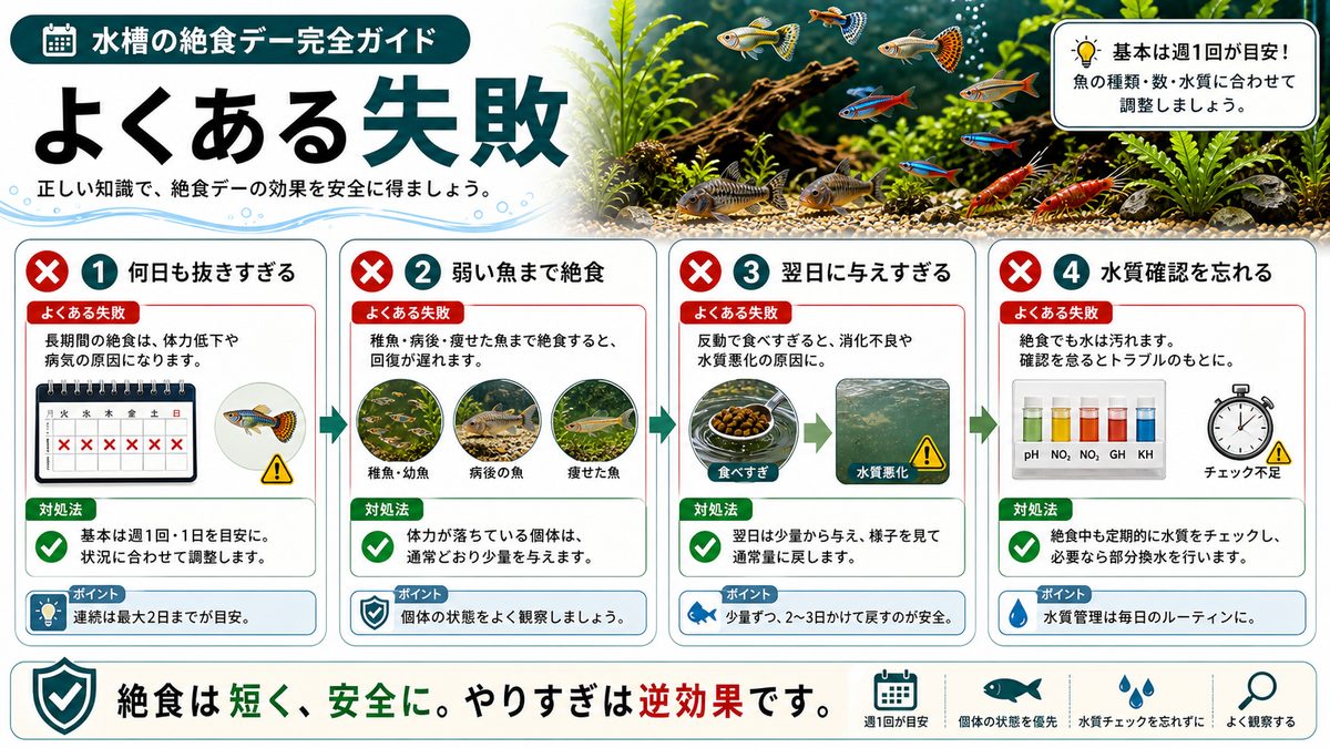 絶食デーでよくある失敗と対処法の要点をまとめた淡水魚飼育インフォグラフィック