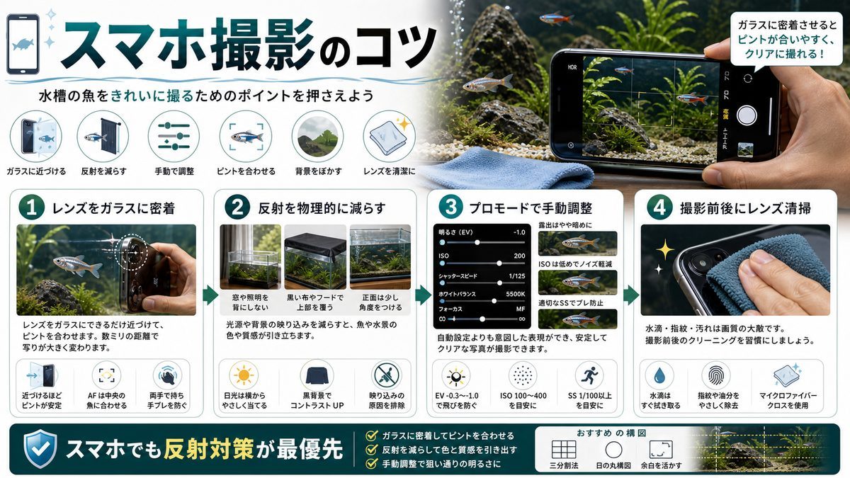スマホ撮影テクニックの要点をまとめた淡水魚飼育インフォグラフィック