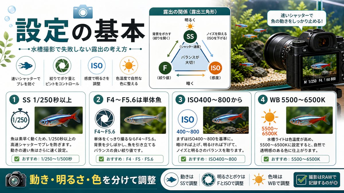 カメラ設定の基本の要点をまとめた淡水魚飼育インフォグラフィック