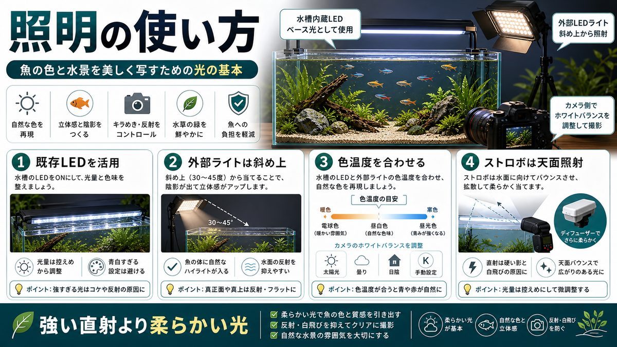 照明の使い方の要点をまとめた淡水魚飼育インフォグラフィック