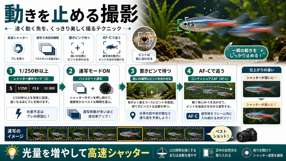 魚の動きを止める撮影の要点をまとめた淡水魚飼育インフォグラフィック