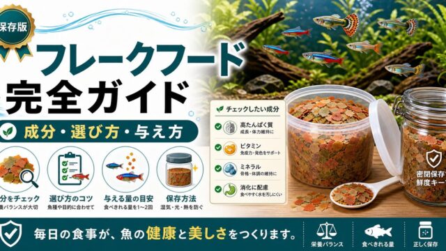 フレークフード完全ガイド｜成分・選び方・与え方の全ての要点を伝える淡水魚記事アイキャッチ画像