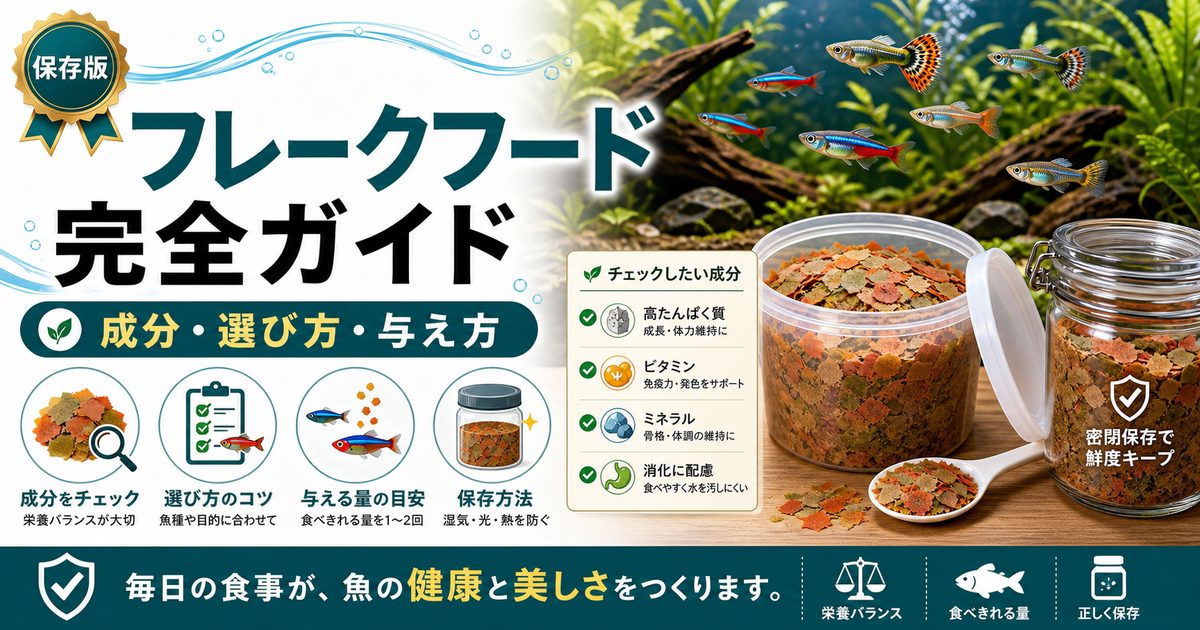 フレークフード完全ガイド｜成分・選び方・与え方の全ての要点を伝える淡水魚記事アイキャッチ画像