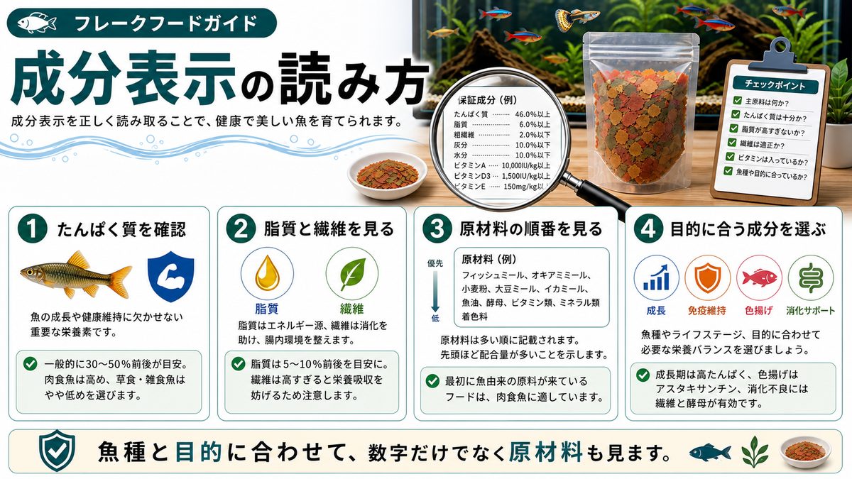 成分表示の読み方の要点をまとめた淡水魚飼育インフォグラフィック