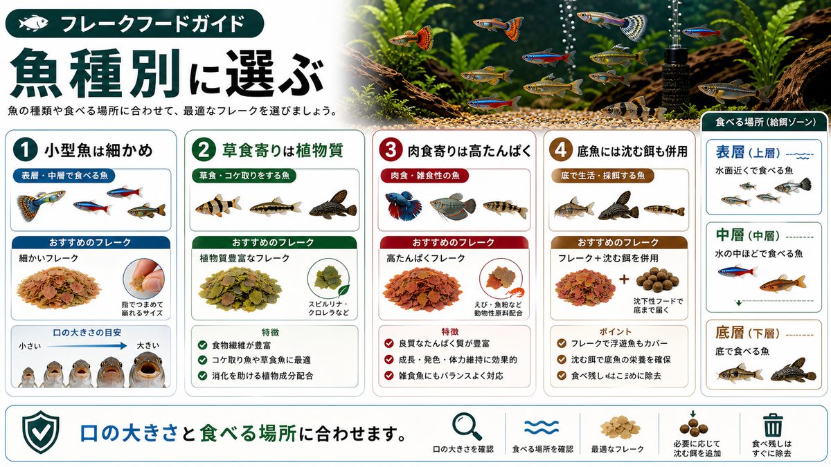 魚種別の選び方の要点をまとめた淡水魚飼育インフォグラフィック