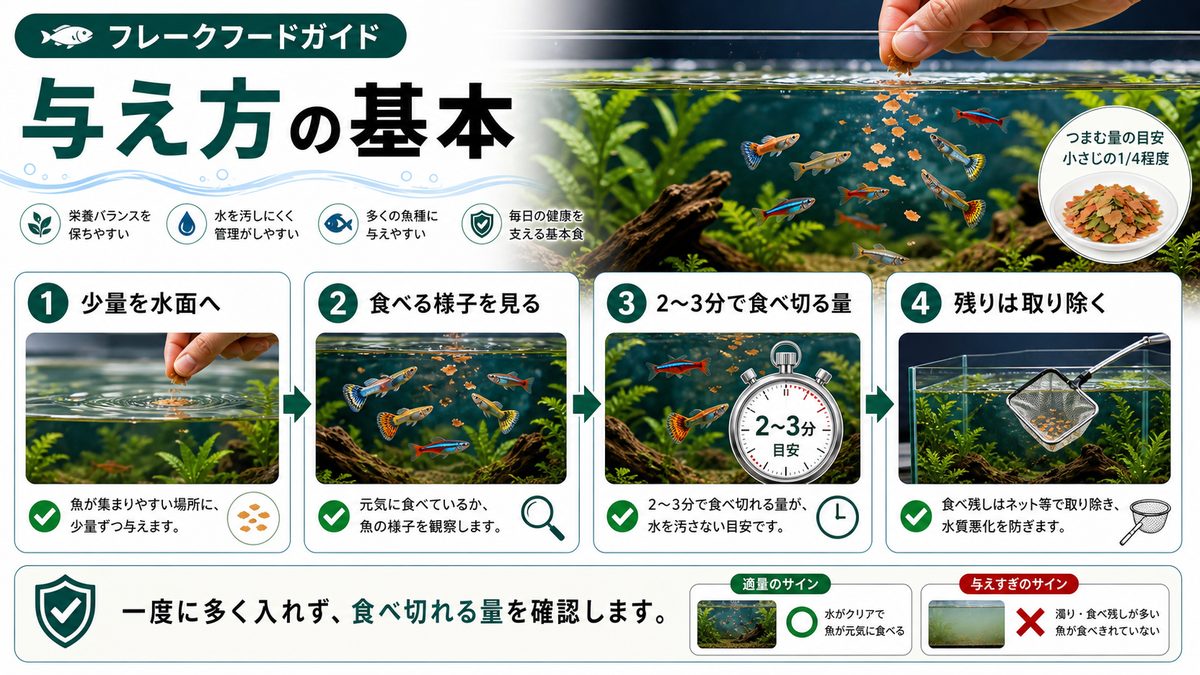 与え方の基本の要点をまとめた淡水魚飼育インフォグラフィック