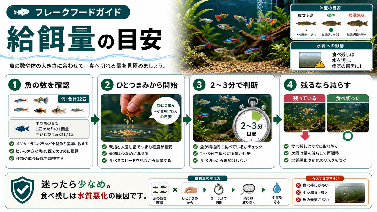 給餌量の計算の要点をまとめた淡水魚飼育インフォグラフィック