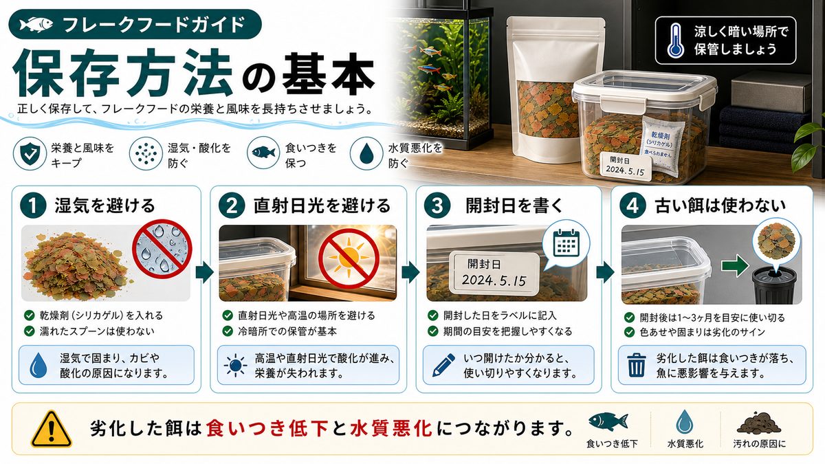 保存方法の要点をまとめた淡水魚飼育インフォグラフィック