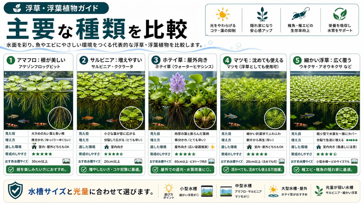 主要な浮草・浮葉植物の種類の要点をまとめた淡水魚飼育インフォグラフィック