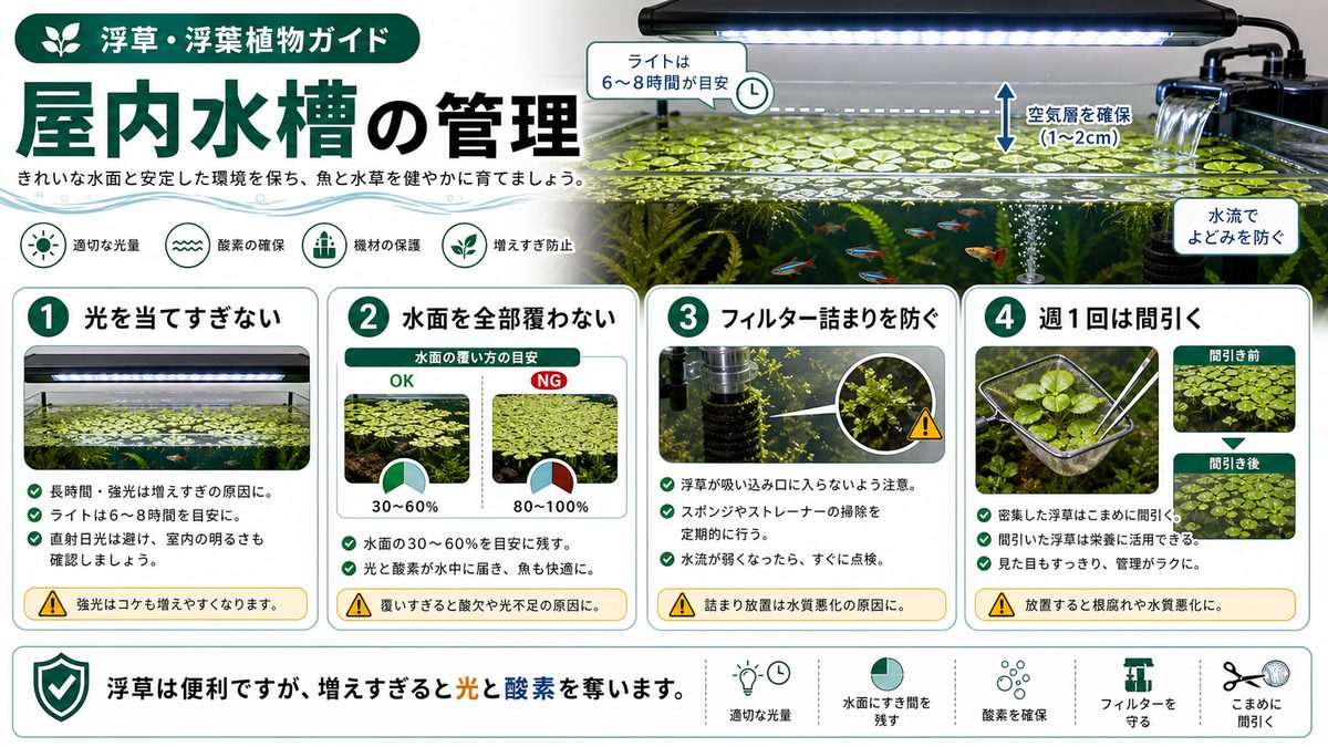 屋内水槽での浮草管理の要点をまとめた淡水魚飼育インフォグラフィック
