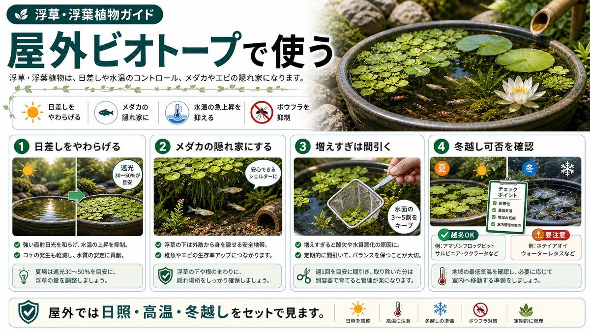 屋外ビオトープでの活用の要点をまとめた淡水魚飼育インフォグラフィック