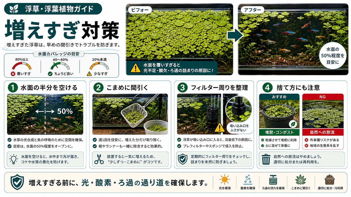 増えすぎ対策の要点をまとめた淡水魚飼育インフォグラフィック