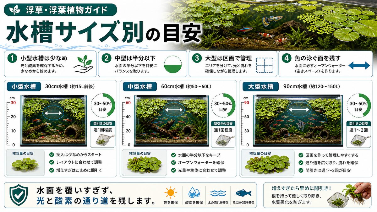 水槽サイズ別 浮草の推奨投入量の要点をまとめた淡水魚飼育インフォグラフィック