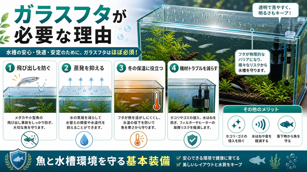 ガラスフタが必要な5つの理由の要点をまとめた淡水魚飼育インフォグラフィック