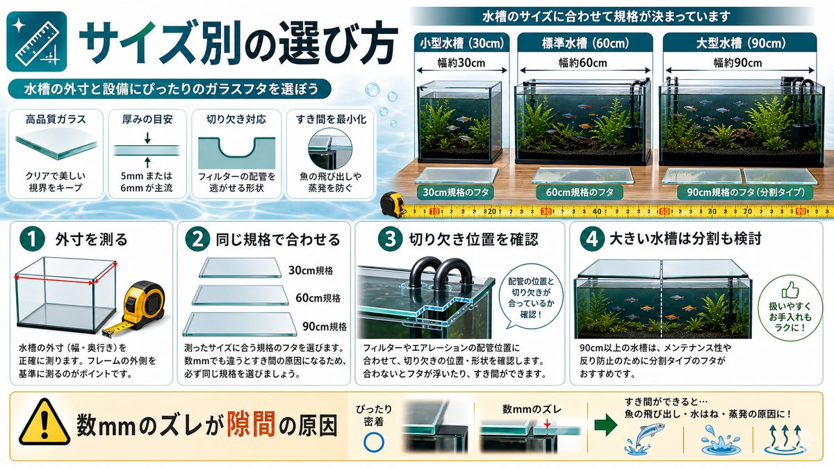 水槽サイズ別の選び方の要点をまとめた淡水魚飼育インフォグラフィック