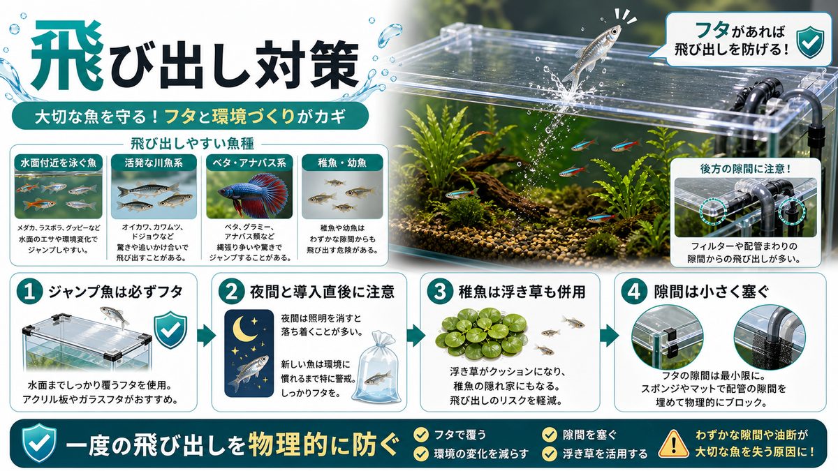 飛び出しやすい魚種と対策の要点をまとめた淡水魚飼育インフォグラフィック