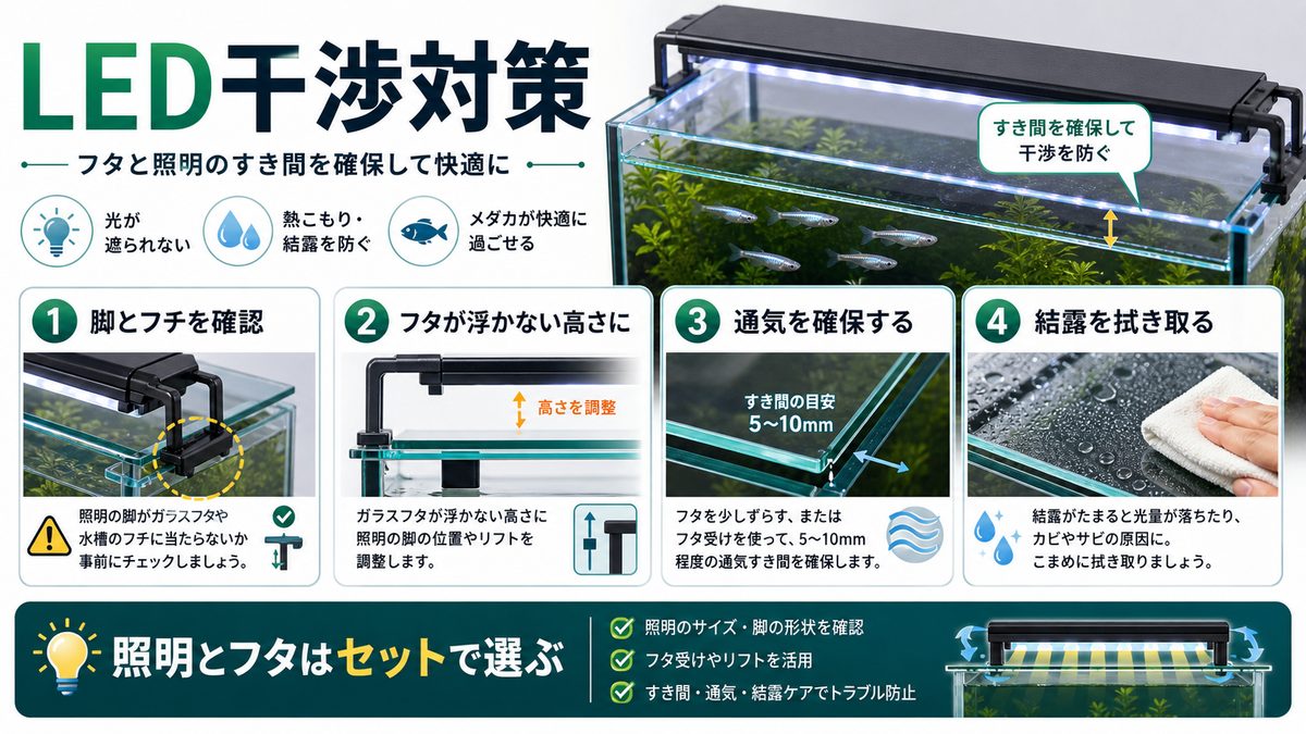 LED照明との干渉対策の要点をまとめた淡水魚飼育インフォグラフィック