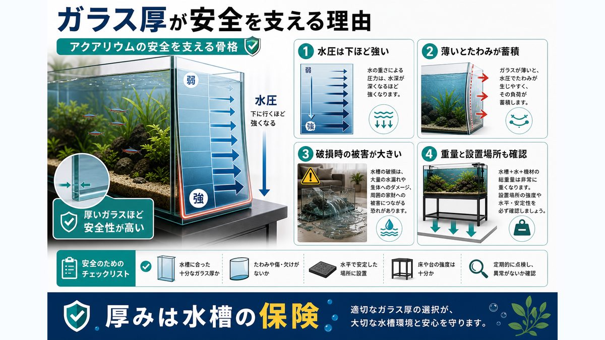 水槽ガラス厚の重要性|アクアリウムの安全を支える骨格の要点をまとめた淡水魚飼育インフォグラフィック