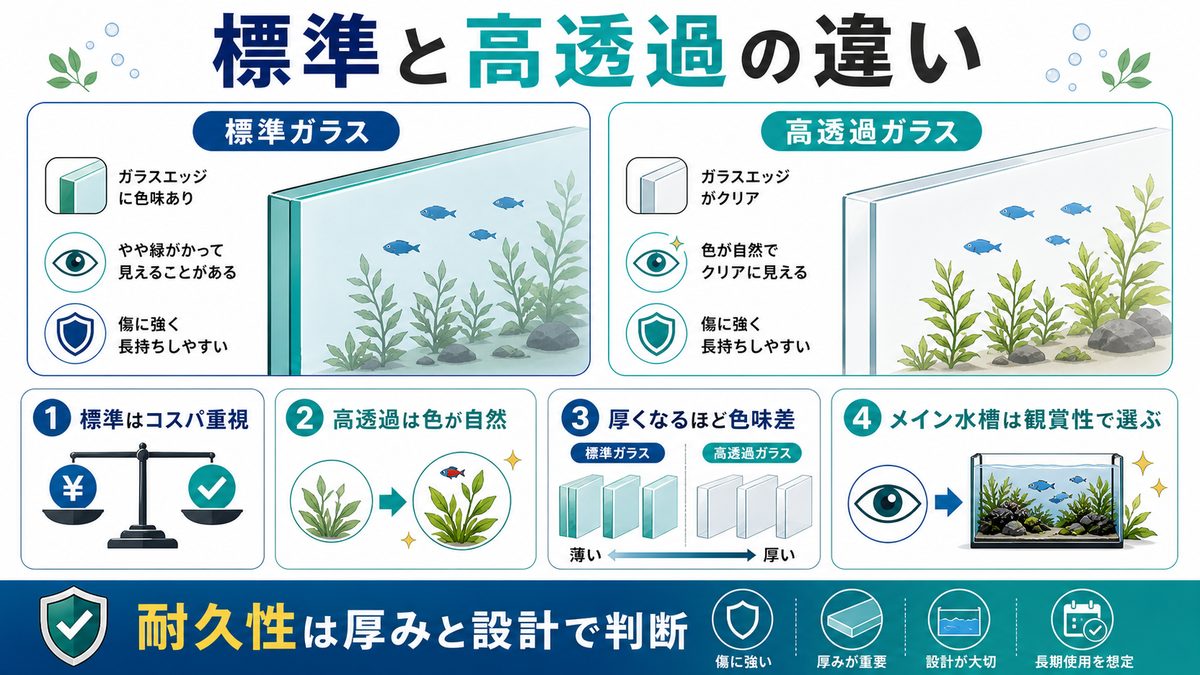 標準ガラスと高透過ガラスの違い|材質選びの第一歩の要点をまとめた淡水魚飼育インフォグラフィック