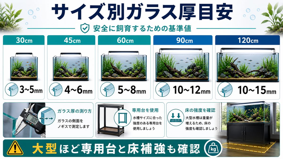 水槽サイズ別ガラス厚目安|安全に飼育するための基準値の要点をまとめた淡水魚飼育インフォグラフィック