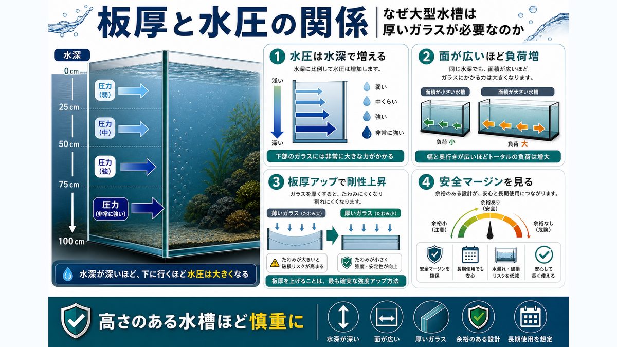板厚と水圧の関係|なぜ大型水槽は厚いガラスが必要なのかの要点をまとめた淡水魚飼育インフォグラフィック