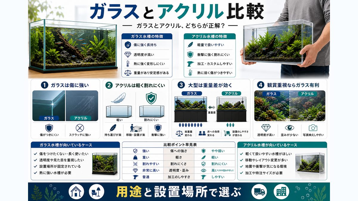 アクリル水槽との比較|ガラスとアクリル、どちらが正解?の要点をまとめた淡水魚飼育インフォグラフィック